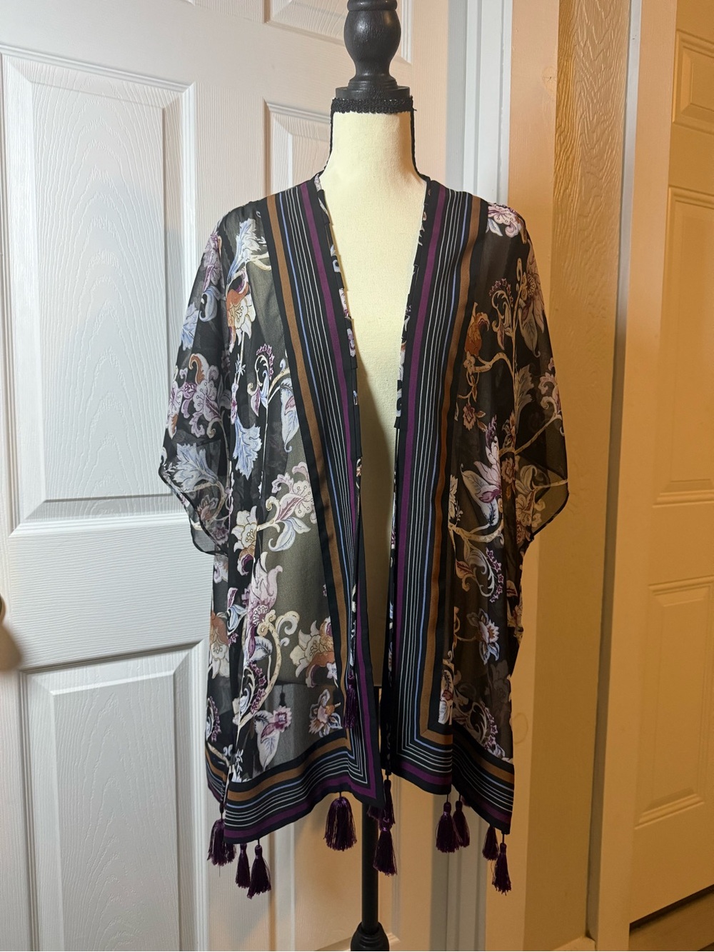 Sheer Floral Tassel Kimono - Black with Purple Accents